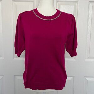 Chic Magenta Puff Sleeve Knit top with rhinestone Neckline – Size L